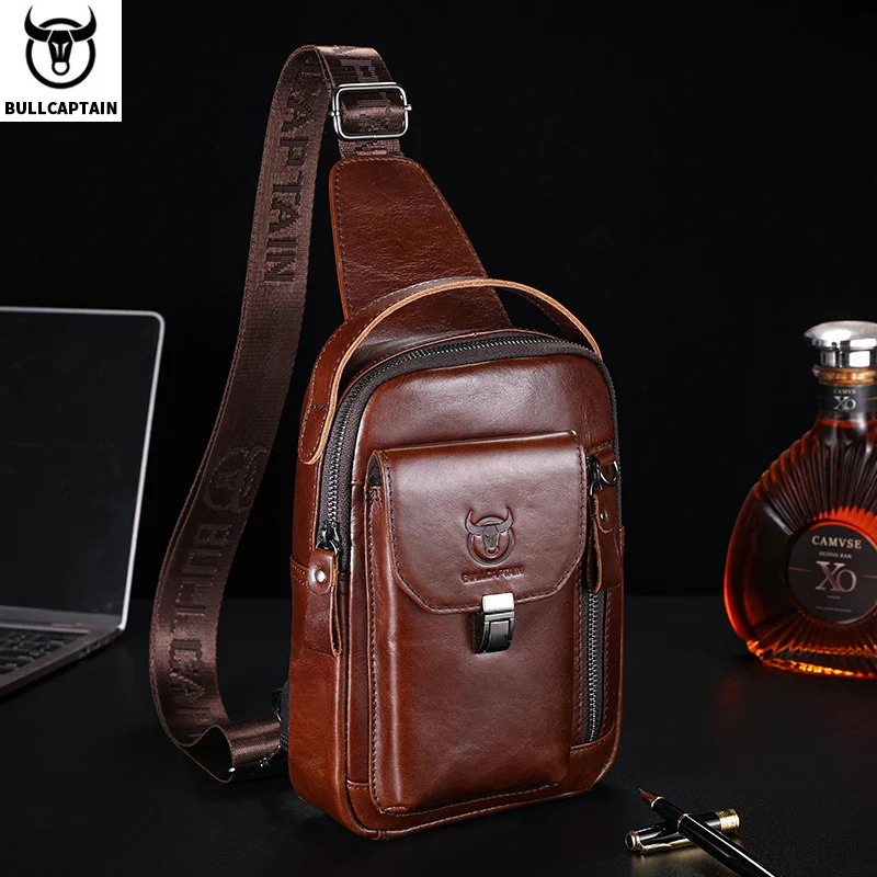 Bullcaptain bolsa de peito de couro genuíno masculina casual retro 7.9 polegadas bolsa para celular multifuncional anti-roubo bolsa crossbody