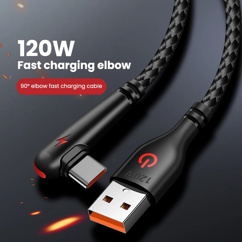 USB Para Tipo-C Cabo De Carregamento Rápido, Cabo De Carregamento Do Telefone Móvel, Cotovelo De 90 Graus, Huawei Companheiro 40, 30, Xiaomi, Samsung, 120W