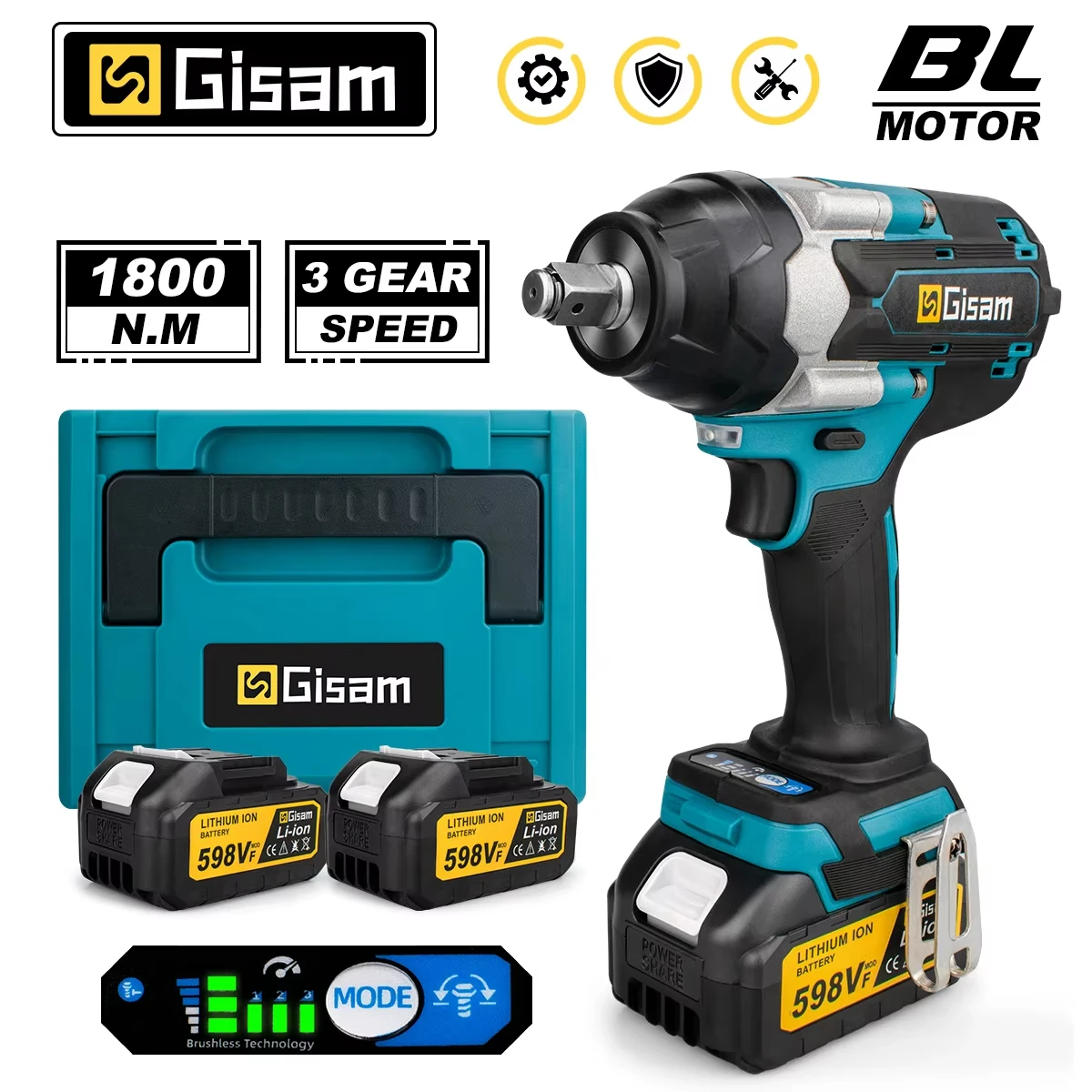 Gismo 1800N.M Torque Brushless Chave de impacto elétrica Chave de fenda de 1/2 polegada Chave sem fio Ferramenta elétrica para Makita 18V Bateria Pin
