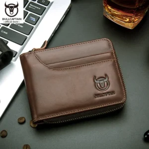 BULLCAPTAIN-Carteira de couro genuíno para homens, bolsa de moedas retro casual com zíper RFID, slot multicartões, clipe de dinheiro