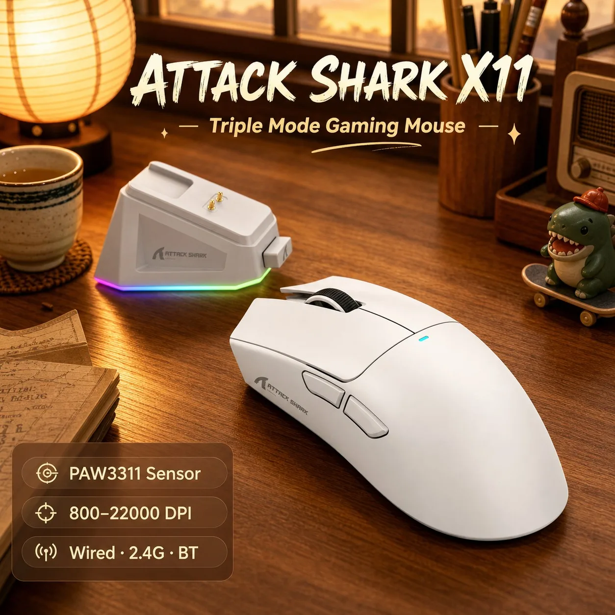 Mouse para jogos sem fio Attack Shark X11 X11SE de 3 modos, PAW3311, 22000 DPI, 400IPS, mouse para jogos para PC