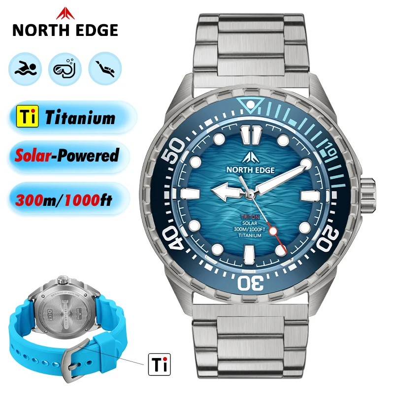 Relógio de mergulho NORTH EDGE TRITON-TI em titânio e aço inoxidável, movido a energia solar, relógio de quartzo de luxo para homens, 300m à prova d