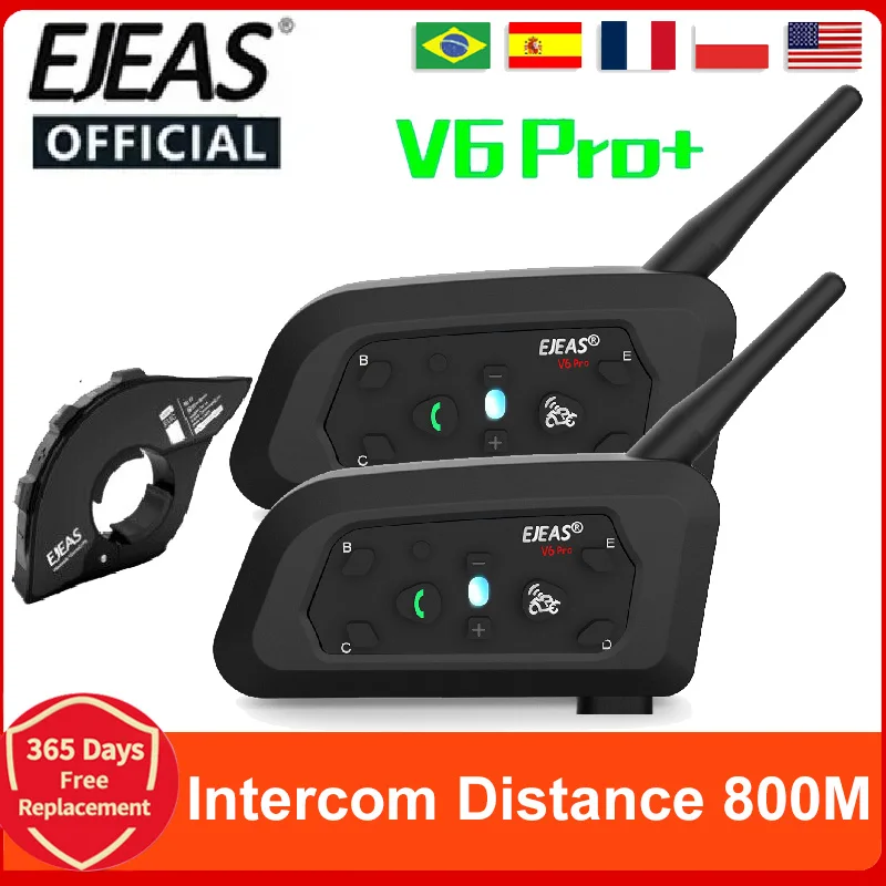 EJEAS V6 PRO +/PLUS Capacete de motocicleta Bluetooth Walkie Talkie 6 Rider Distância 800 metros à prova d