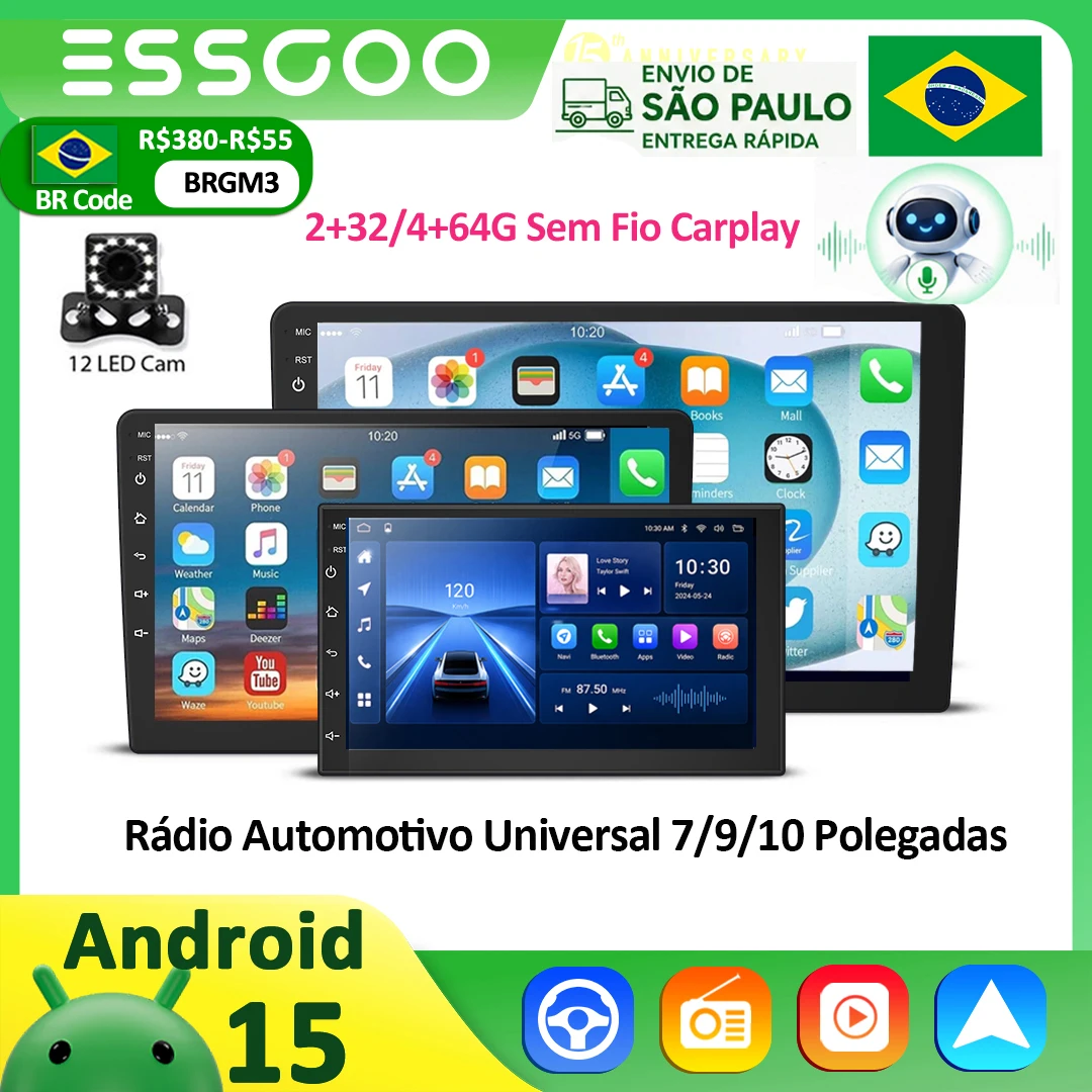 Rádio de Carro ESSGOO Android 15 Carplay Auto Multimídia Vídeo 7/9/10