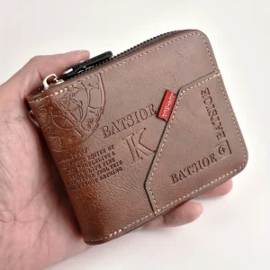 PU cera pele bolsa masculina, curto masculino titular do cartão carteiras, zíper em torno de dinheiro carteira, feita