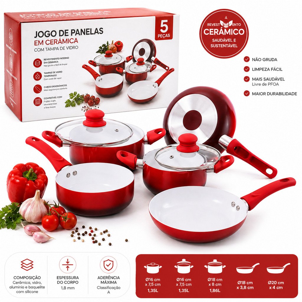 Kit Jogo Panelas Em Cerâmica Tampa De Vidro Frigideira 5 Pçs | Shopee Brasil