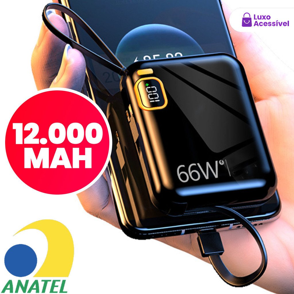 Carregador Rápido De Bateria Compacto 12000mAh Com Carregamento Cabo Duplo Integrado Para super | Shopee Brasil
