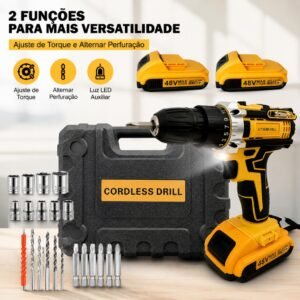 Parafusadeira Furadeira 48V Íon-Lítio Sem Fio, 2 Baterias, Maleta Resistente e Kit Completo de Acessórios | Shopee Brasil
